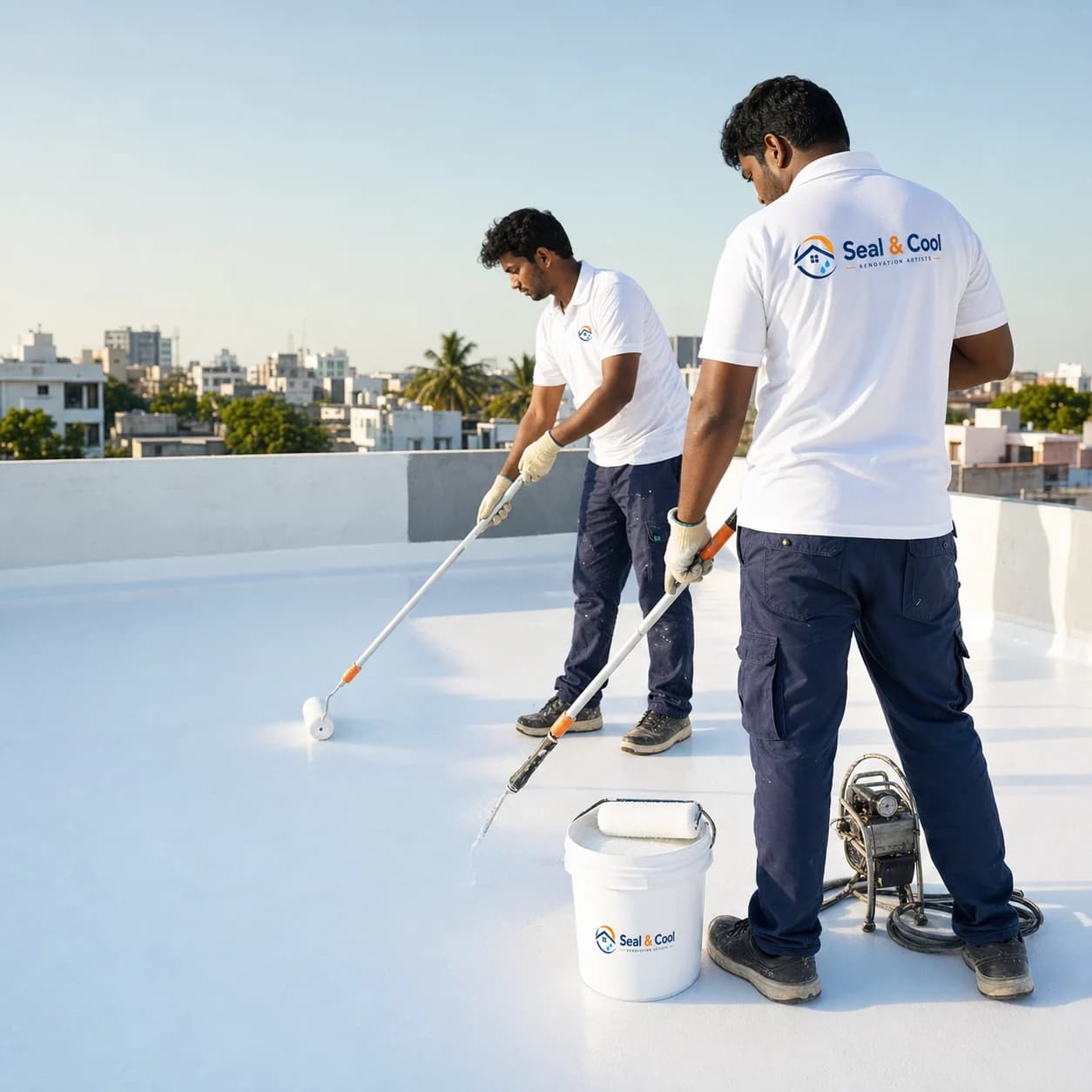 Seal & Cool technicians applying a cool roof coating on a Chennai terrace