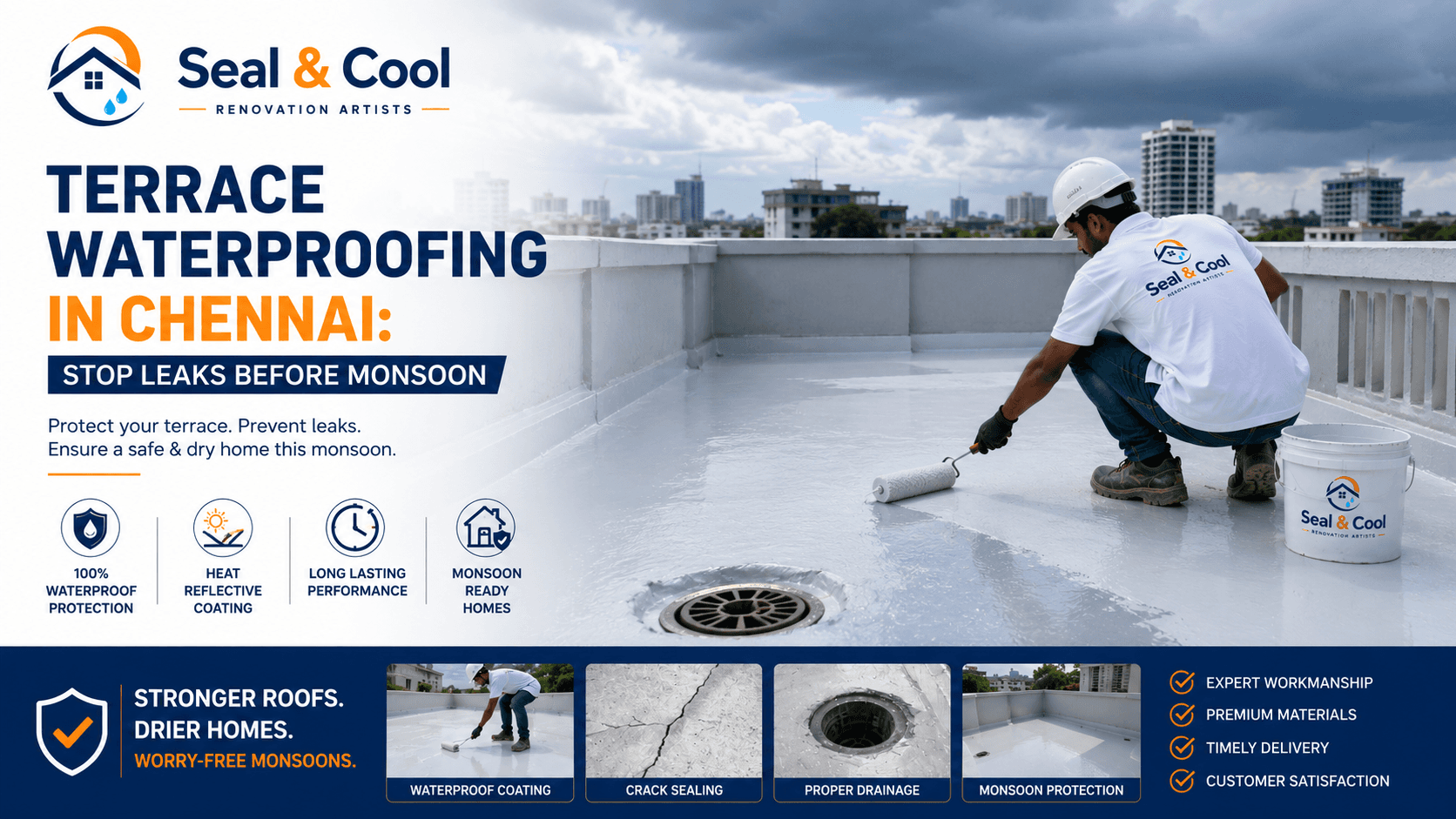 Seal & Cool terrace waterproofing work on a Chennai residential roof