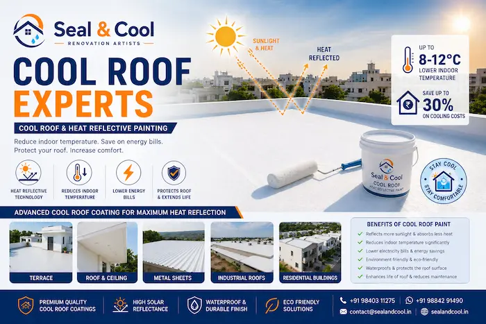 White heat-reflective cool roof paint being applied on a Chennai terrace